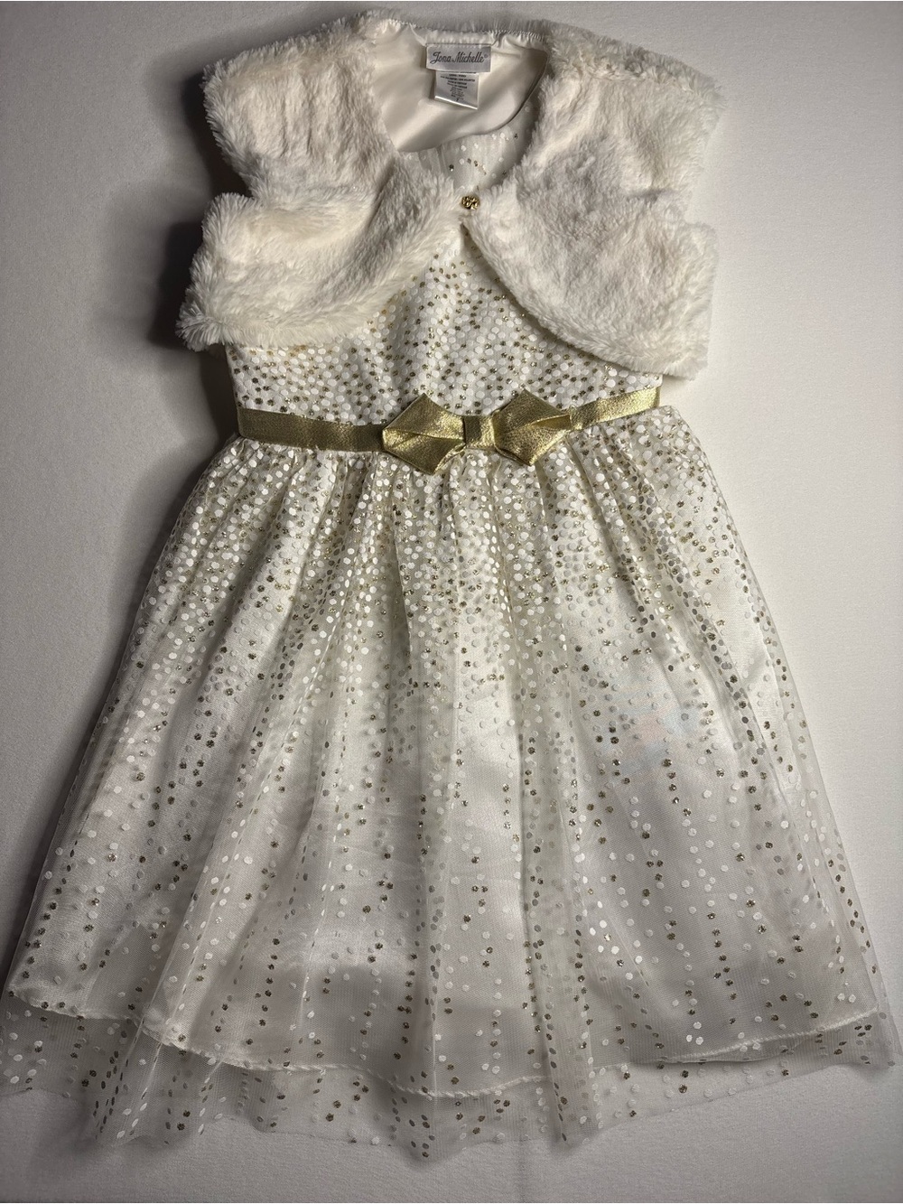 Jona Michelle White & Gold Sequin Tulle Dress with Faux Fur Shrug girls 7